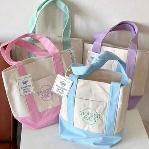 Four (4) Trader Joe’s Canvas Tote Bags-Spring Pastel Blue, Pink, Purple & Green